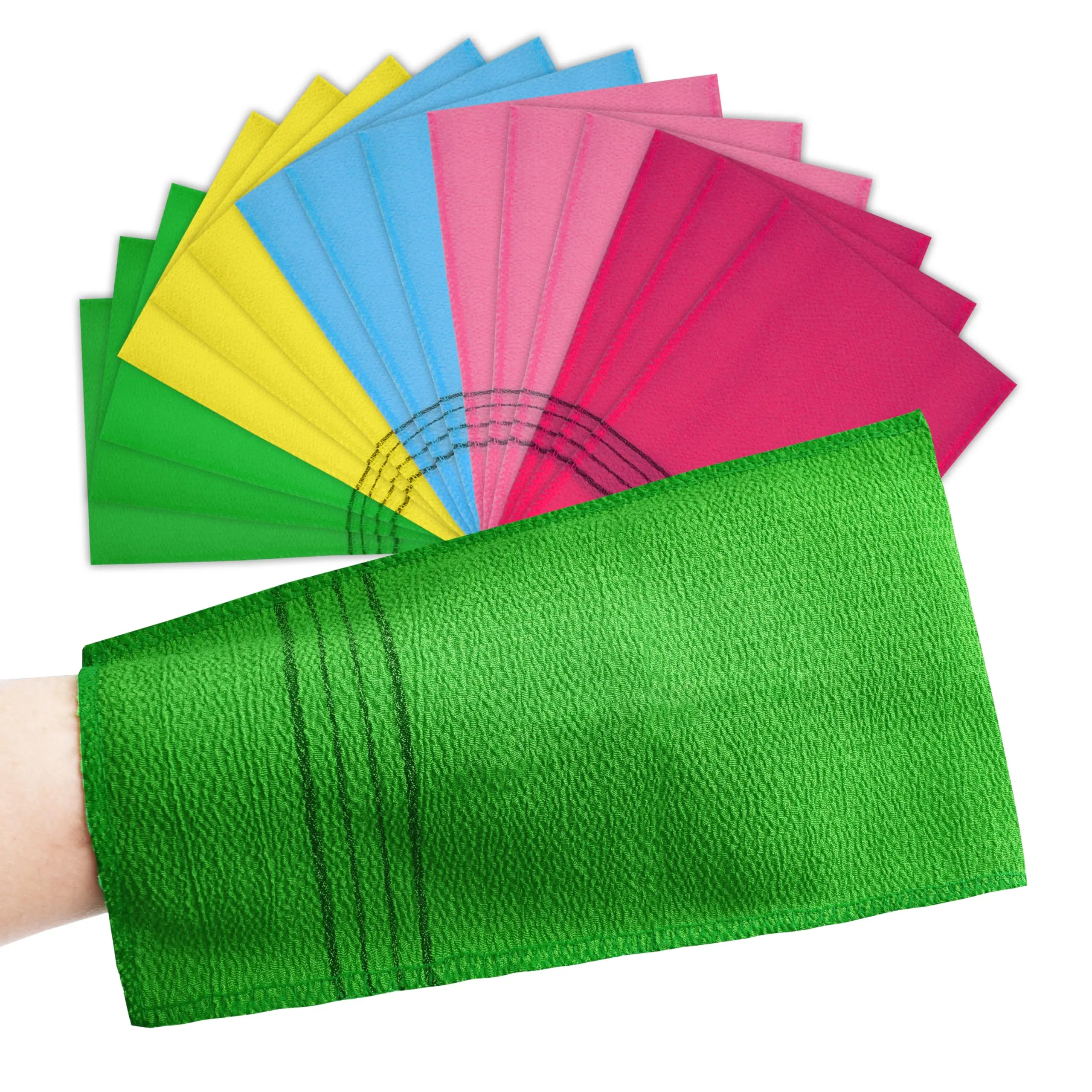 15pcs Korean Exfoliating Mitts Set - 9in x 5.5in Body Scrubber Cloth Bath Towels for Adult Back, Chest, Arms, Gentle on Skin, Easy to Use, Removes Dead Skin Dirt Grease, Ideal for Shower Spa, 5 Colors, Home/Party Supply Accessories