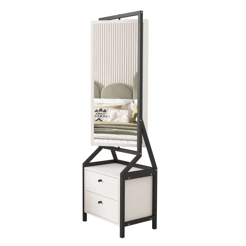 360° Rotating Jewelry Armoire with Mirror - Hand-Painted Artisan White MDF Wood Cabinet, 2 Bottom Drawers, Spacious Compartments, 5 - 10 Kg, Convenient Rotating Design, Easy Installation, Beauty Organizer for Vanity Organization
