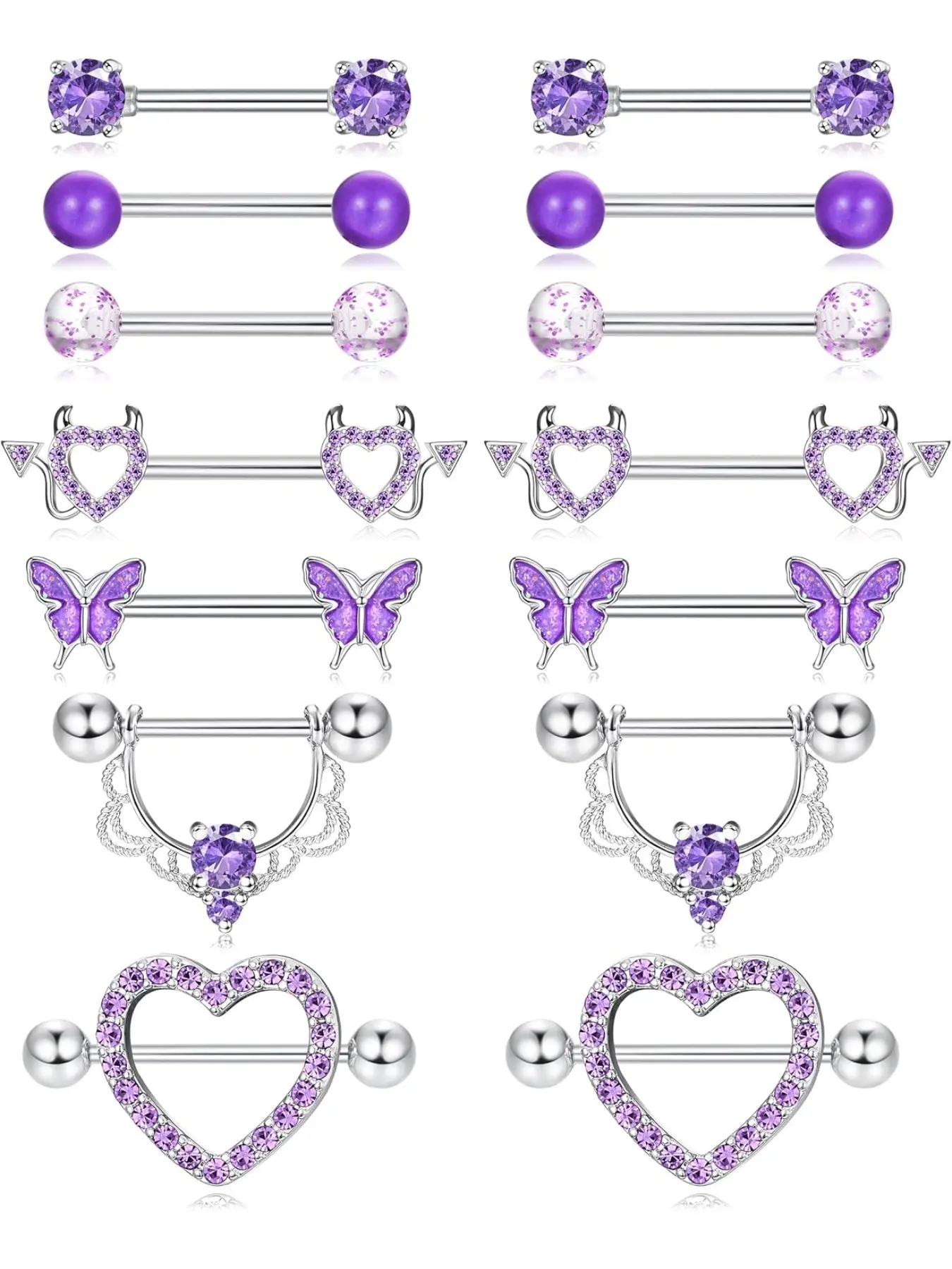 7 Pairs 14G Nipple Rings Steel Nipple Piercing CZ Heart Butterfly Barbell Tongue Rings Set Cute Nipple Tongue Piercing Jewelry Body Piercing Jewelry for Women