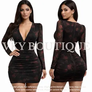 Long Sleeve Deep V Floral Ruched Mini Dress TS