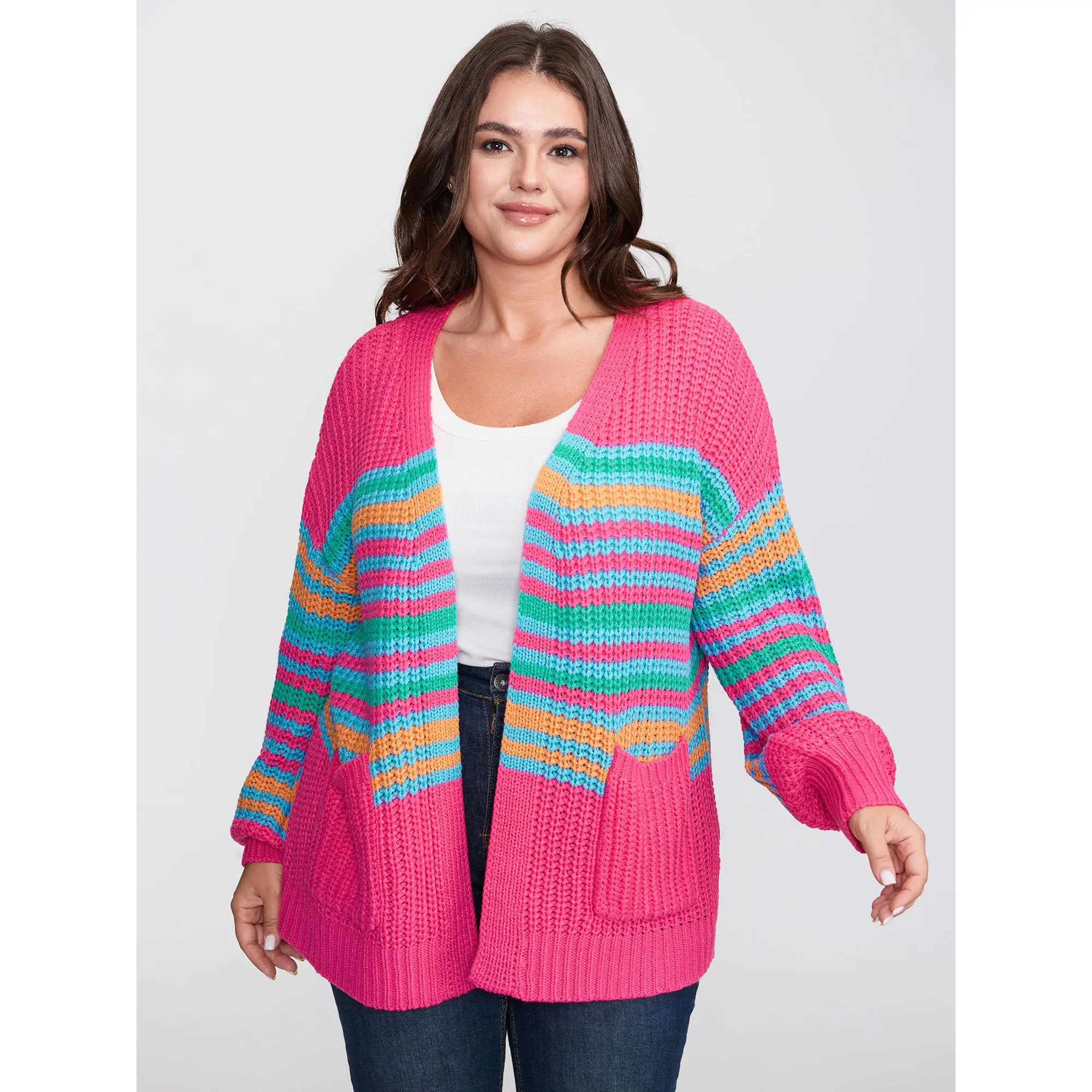 【Pocket Approved】Bloomchic Colorful Stripe Pockets Knit Cardigan Fit Knitwear Swimweek,Spotlight,Summer wins,Deals for you days Fit Womenswear Fabric,Summerfinds