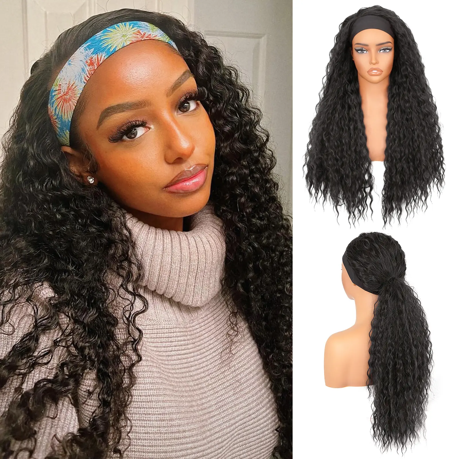 Lush Haute Headband Deep Wave Synthetic Wig 24 Inches Deep Wave Wigs for Women Glueless None Lace Wig with Headband Attached Synthetic Wigs