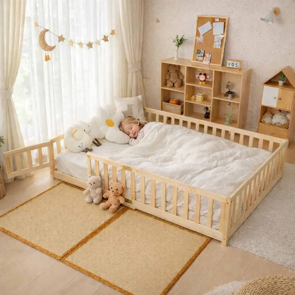 #DealsForYouDays Naudacaa Twin/Full Size Montessori Floor Bed for Kids, Solid Wood Bed Frame with Fence, Door & Safety Guardrails, CPC Certified