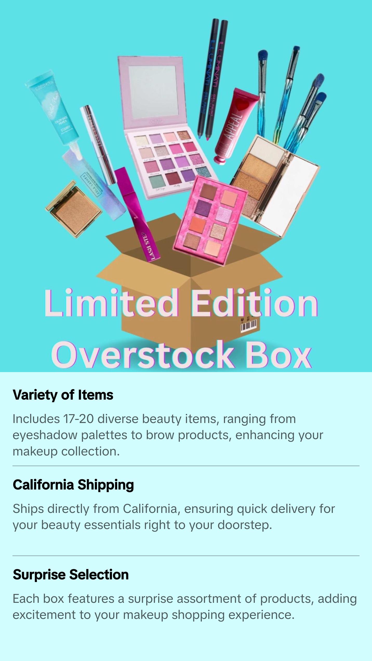 Limited Edition Overstock Box - Includes either 9 or 17 Makeup Essentials: Eyeshadow Palettes, Lip Gloss, Blush, Liner, Brow Products, Mascara, Setting Spray & More Ships from California