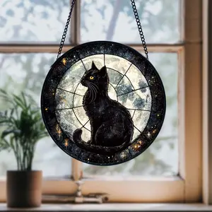 Black Cat Stained Glass Suncatcher: Moon Window Hanging
