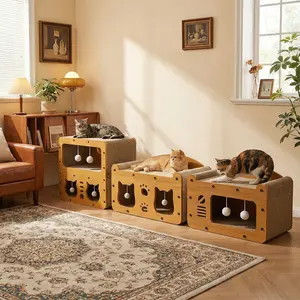 2-in-1 cat scratcher room with scratching post, indoor cat furniture, suitable for multi-cat family , durable corrugated cardboard double-layer design, suitable for all seasons, wooden cat bed. pet sofa. soft bedding.  Cat scratch board. cat toys