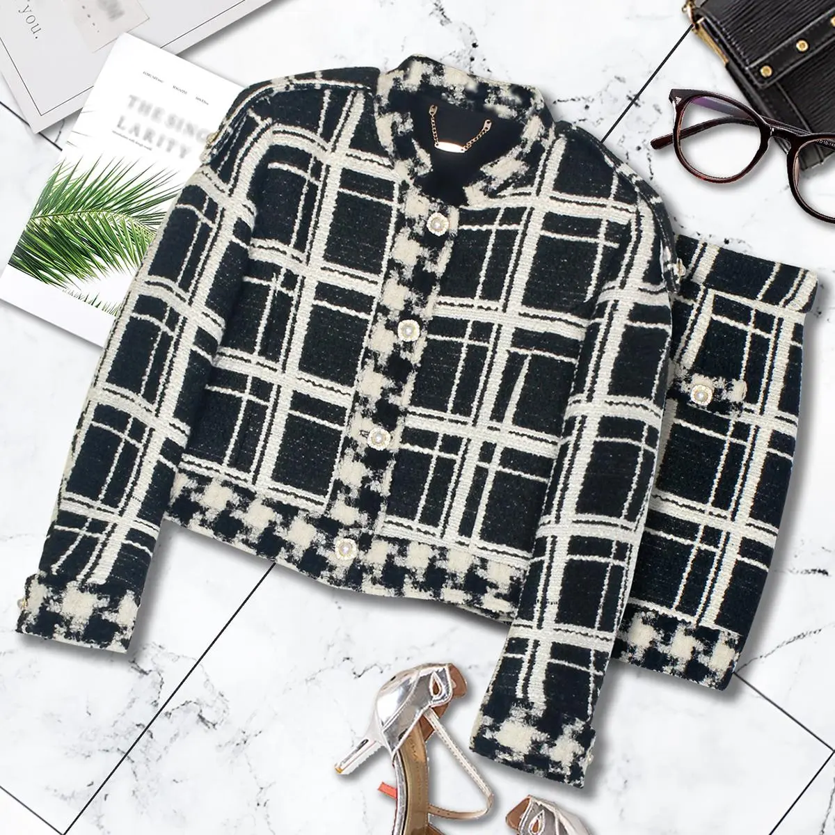 Women's DUSHE 2-Piece Plaid Wool-Polyester Suit - Chic Fitted Mock Neck Longsleeve Coat & Woven Button Skirt Vintage Set, 2026 Spring Thick Workwear Outfit, Color-Sorted Wash, Retro Fitted Cut Women's Clothing Set