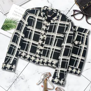 DUSHE Women's 2-Piece Chic Fitted Long Sleeve Plaid Woolen Coat & Matching Clothing Set, 2026 Spring New Thick Workwear Top & Vintage Short Outfit, Clothes