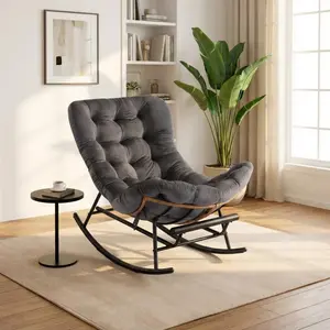 Papasan Rocking Chair with Foot Rest, Papasan Chair with Thick Removable Cushion and Metal Frame, Lounge Chairs and PE Rattan Rocker for Patio,Grey