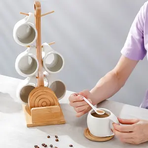 Ceramic Coffee Cup Set with Bamboo Mug Holder, 6 Hooks Coffee Mug Holders Tree,1 Set Including 6 Counts Coffee Cups &1Count Wooden Stand & 6 Counts Saucer,Drinkware for Home Office, Coffee ShopCups house items space-saving Wood