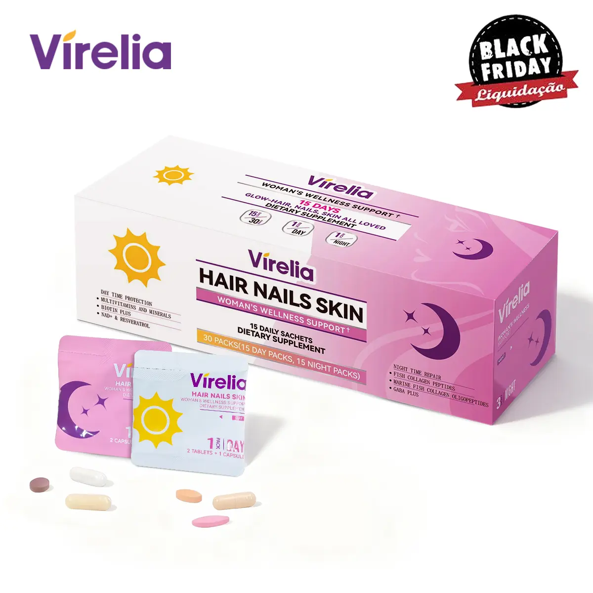 Virelia Women’s Day & Night Anti-Aging Wellness Kit Supplement Pack (30 Pouch Capsules, 15-Day Supply) | Multivitamin, Biotin Boost, NAD+ for Immunity | GABA, Marine Collagen Supplement for Relaxation, Sleep, Skin/Hair/Nail Health