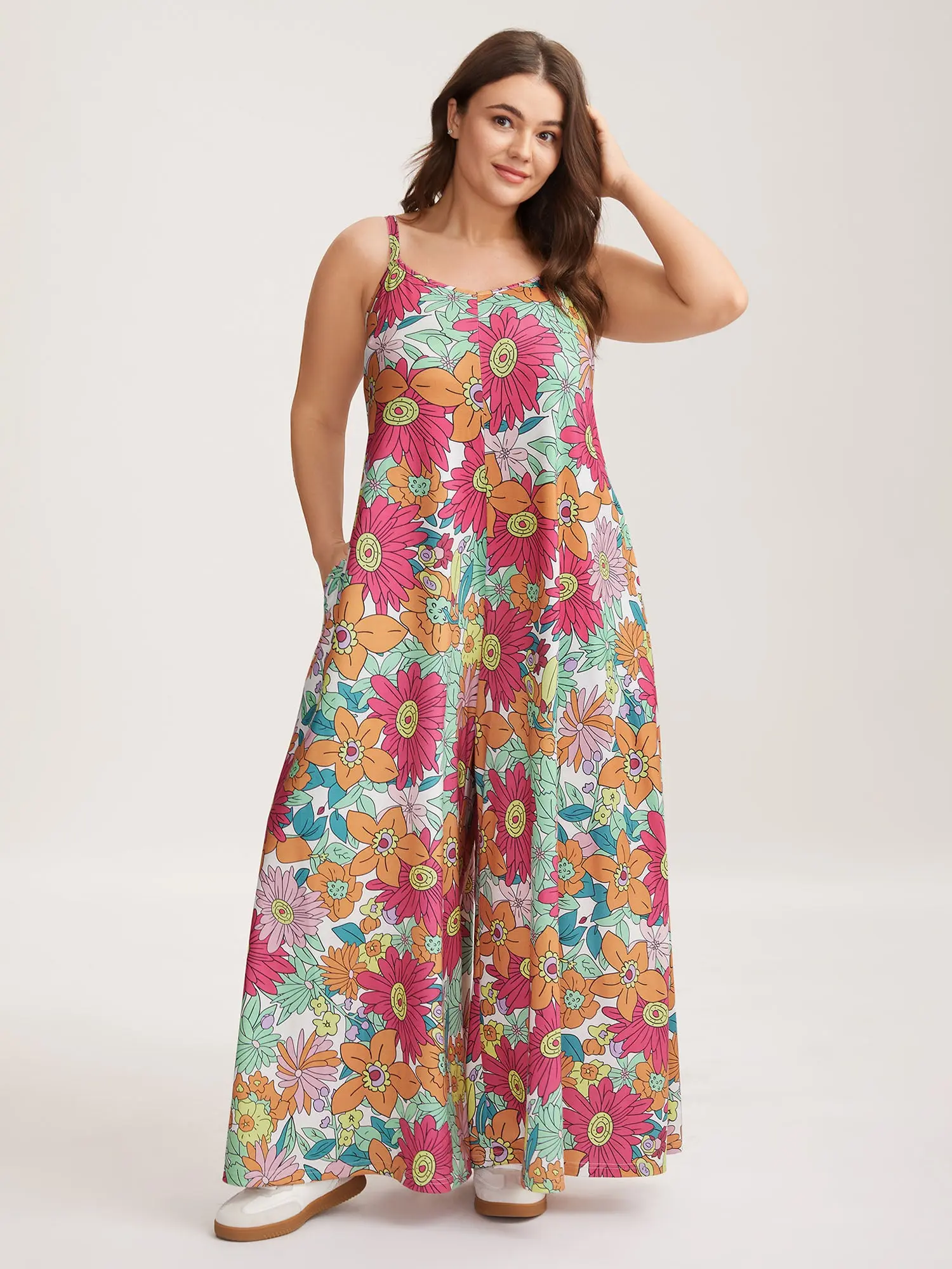 BloomChic Women's Plus Size Jumpsuit, Bohemian Ditsy Floral Print, Casual Sleeveless Flared Leg with Adjustable Straps and Pockets, Casual Jumpsuits, Flared Jumpsuit