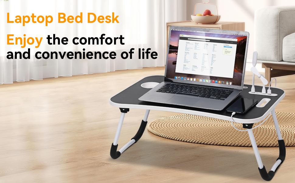 Richland Laptop Bed Desk, Portable Foldable Laptop Table for Laptop & Writing, 23 inch Bed Lap Desk Tray Table with 4 USB Ports, Storage Drawer and Cup Holder, for Working Writing Drawing & Eating
