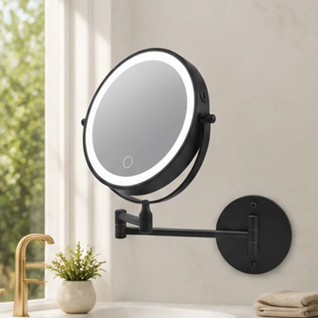 Rechargeable Wall Mounted Makeup Mirror 8 Inch Double-Sided 1X/10X Magnifying LED Vanity Mirror with Lights, 360° Swivel Extension Foldable Arm, 3 Color Dimmable, Iron, Multiple Color Options, Bathroom Shaving, Black/Chrome/Gold Color Options