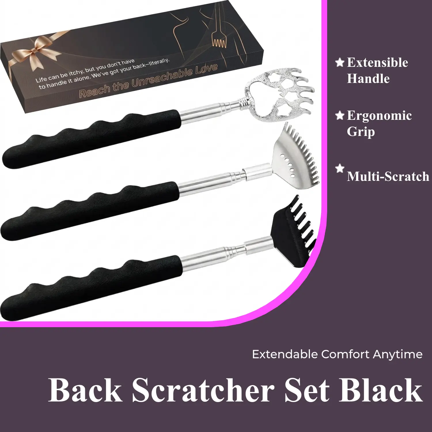 Stainless Steel Back Scratcher Set, 3-Pack Metal Telescoping Tools with Rubber Handles, 7-Teeth & 15-Teeth Rake Claw Bear Claw Massagers, Gift-Boxed Christmas Stocking Stuffers for Men & Women (Black)