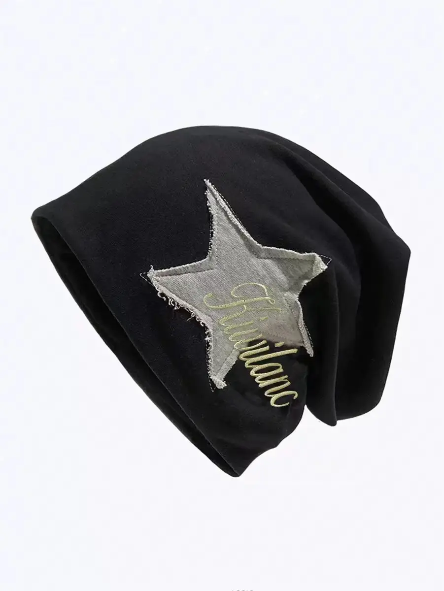 Slouchy Knit Beanie with Embroidered Stars and Letter Print, Casual Unisex Streetwear Cap, Soft Stretch Hat for Everyday Wear, Cotton Blend