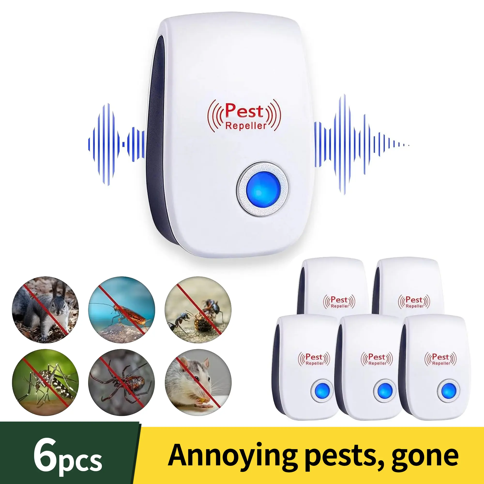 6 Packs Ultrasonic Pest Repeller, Electronic Rodent Repellent Plug in Indoor, for Insect Roaches Spider Ant Bug Mosquito Mouse Repellent for House Kitchen Garage Warehouse