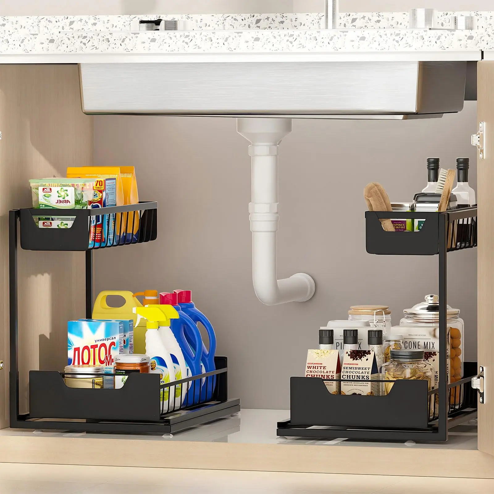 2-Tier Under Sink Storage Organizer - Pull-OutOrganizers with Slide Out Shelf and Metal SlidingDrawer for Kitchen, Bathroom, Pantry Cabinet,and Closet Organization - Space-Saving Solutionfor Maximizing Storage Capacity
