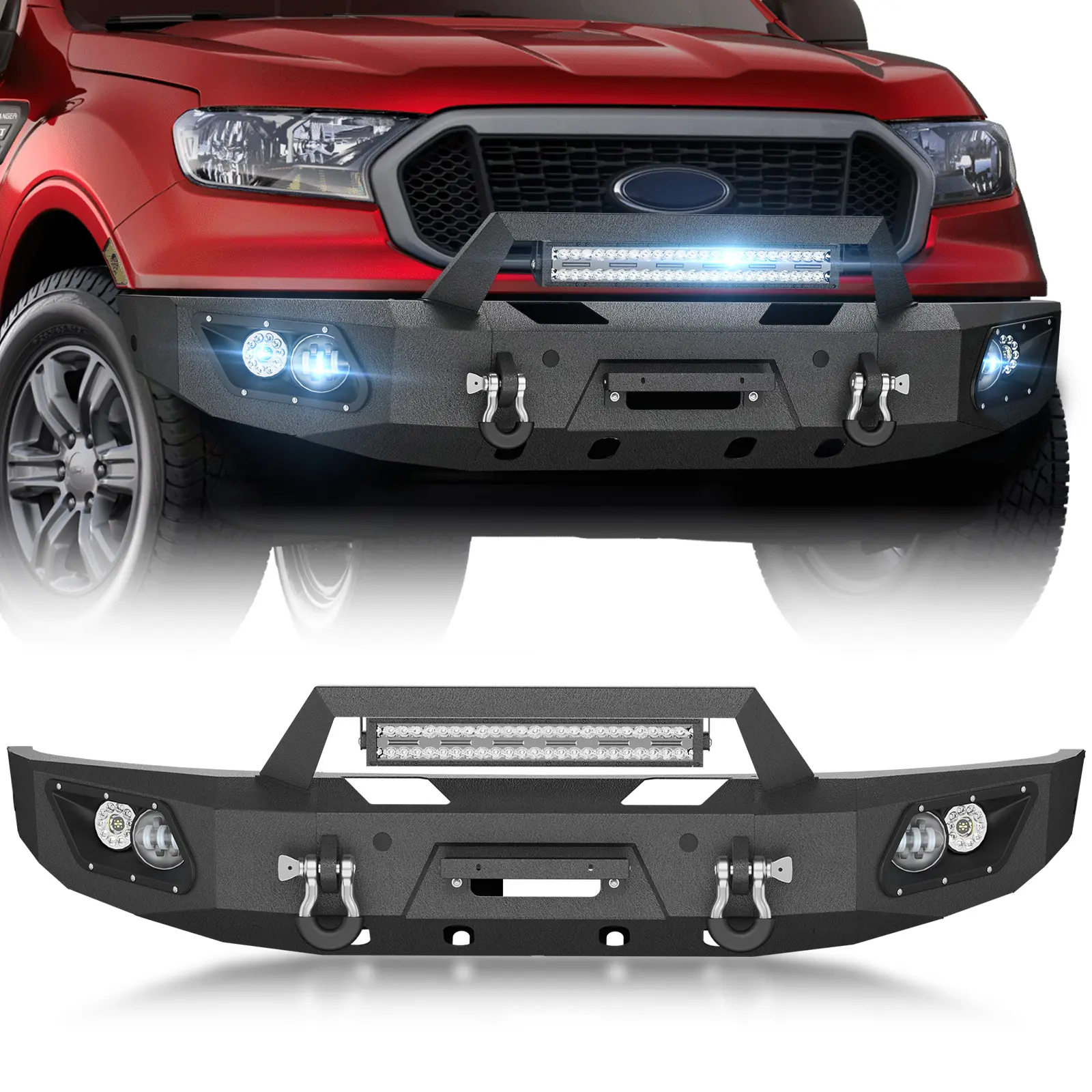 【EYOUHZ】Front Bumper Compatible with 2019-2023 Ford Ranger Pickup Truck, Durable Bumper with Built-in Winch Plate, 5 LED Lights, License Plate Bracket, Sensor Holes, D-rings, Easy Install, Texture Black, Lifetime Customer Service Support