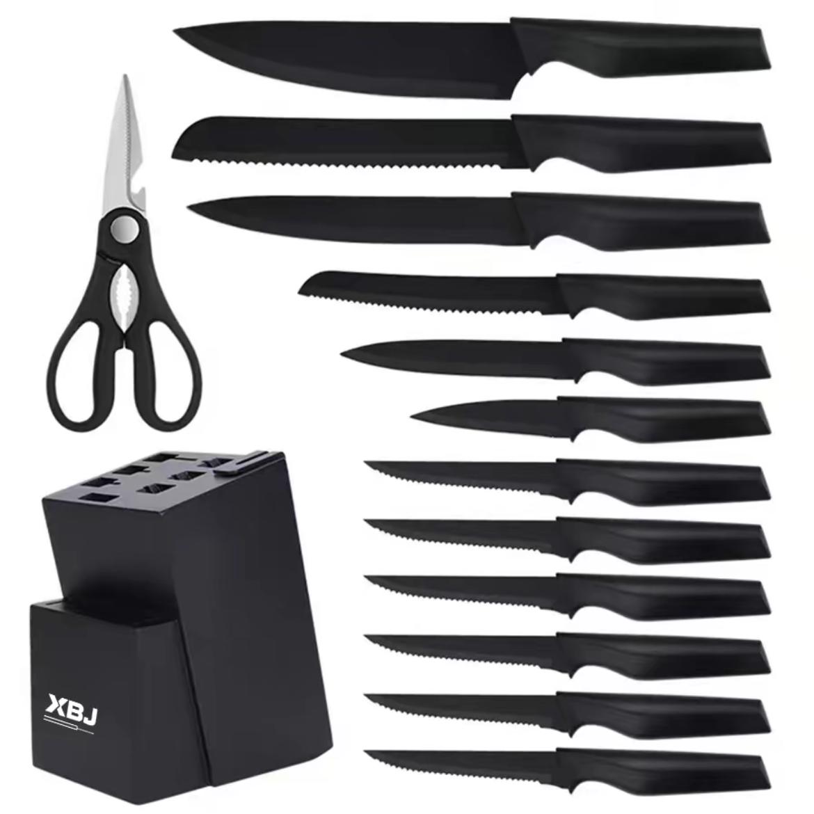 15-piece stainless steelknife set with built-in sharpener. Includes kitchenknives, a chef's knife, a Japanese knife, a meatcleaver, a bread knife, a steak knife, a utility knifea paring knife, and scissors. Kitchenware Block CuttingWood Container Wooden