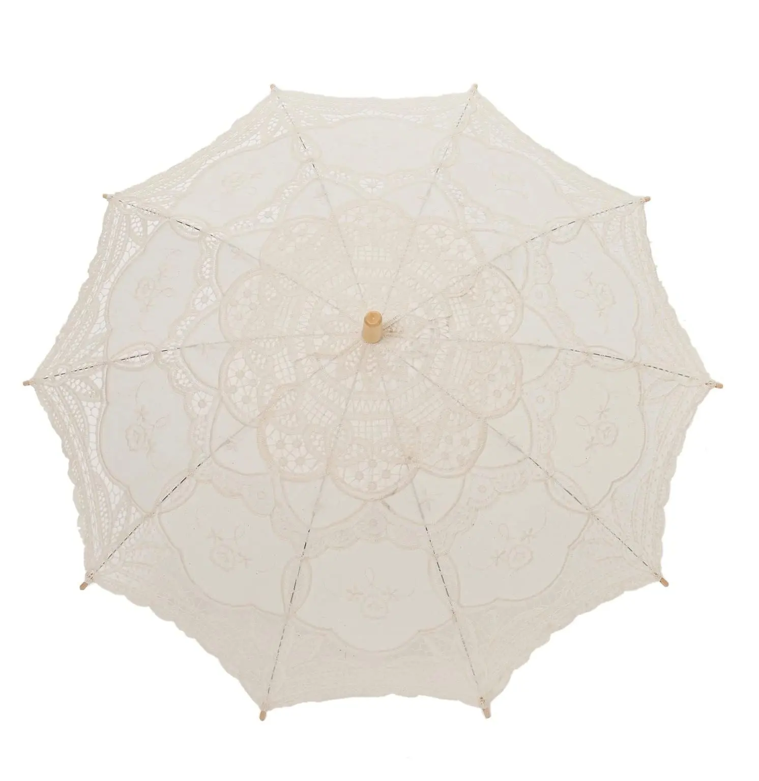 Thy Home Handmade Cotton Fabric Lace Embroidery Parasol Sun Umbrella - 31in, Lightweight, Wood-Metal Handle, Vintage Lolita Coquette Style, UV Resistant, Novelty Shabby Chic Decor, Halloween Prop for Wedding Bridal Photoshoot, Lolita Fashion