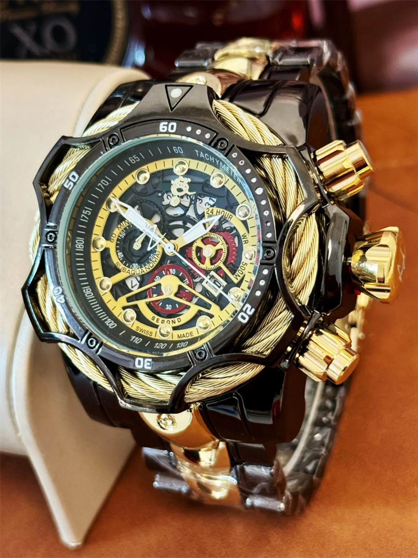 Men's Stainless Steel Punk Style Large Skeleton Watch, Includes Elegant Gift Box, Perfect Holiday Gift, Casual Analog Quartz Watch, Boxed Watches