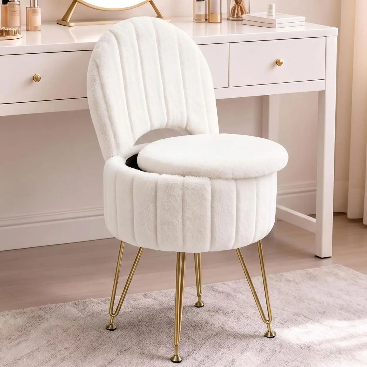 Garvee Vanity Stool Chair with Storage and Folding Back, Faux Fur Upholstery, Available in White, Black, and Pink, Sizes Small and Large, Stylish and Functional Seating Solution