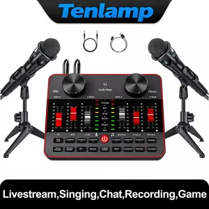 Tenlamp G1-E300 Podcast Sound Card and Microphone Set, includes two wired microphones, professional-grade real-time audio mixer (built-in DSP), portable real-time sound card kit, audio conversion device, suitable for live performances.