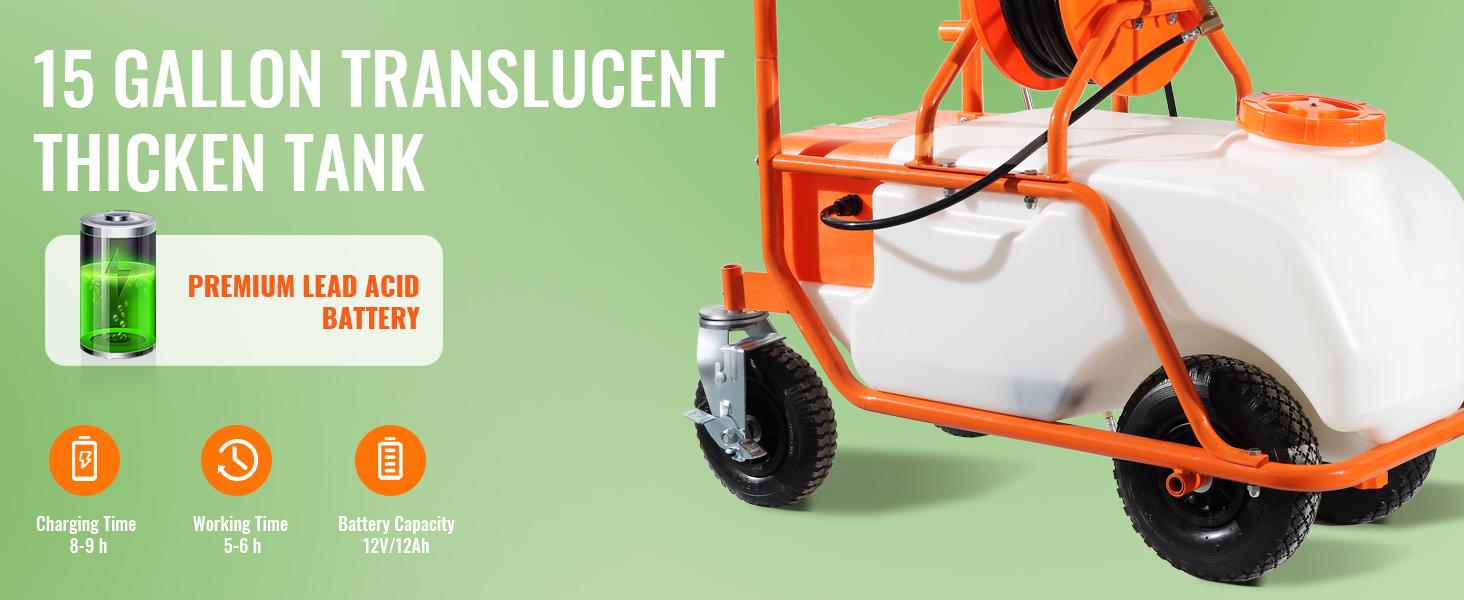 VEVOR Battery Powered Lawn Sprayer on Wheel, TikTokShopBlackFriday, 0-90 PSI Adjustable Pressure, 15 Gallon Tank, Cart Sprayer with 8 Nozzles and 2 Wands, 12V 12Ah Battery, Wide Mouth Lid for Weeding, Spraying