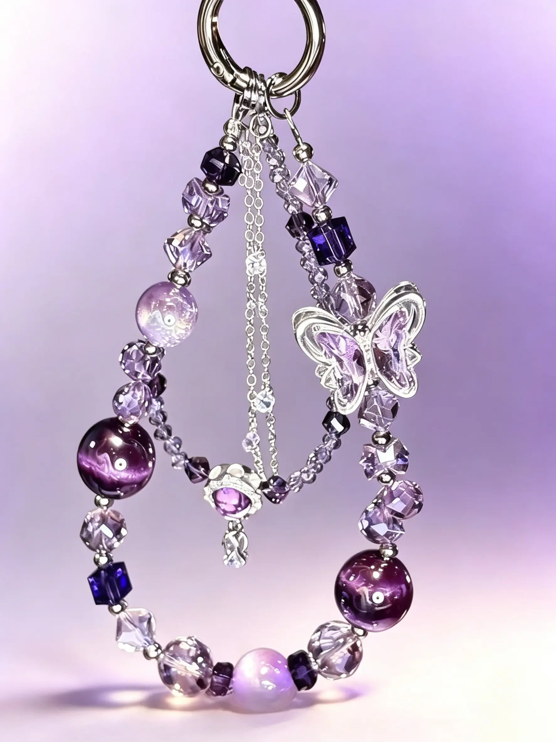 Bag Pendant Amethyst Gradient Butterfly Multi-Layer Beaded Keychain Faceted Faux Crystal "Bling-Bling" Pendant Sweet, Edgy, And Dreamy Light Luxury & Niche Style Stylish, Sophisticated, And Versatile For Bags, Keys, And Mobile Phones