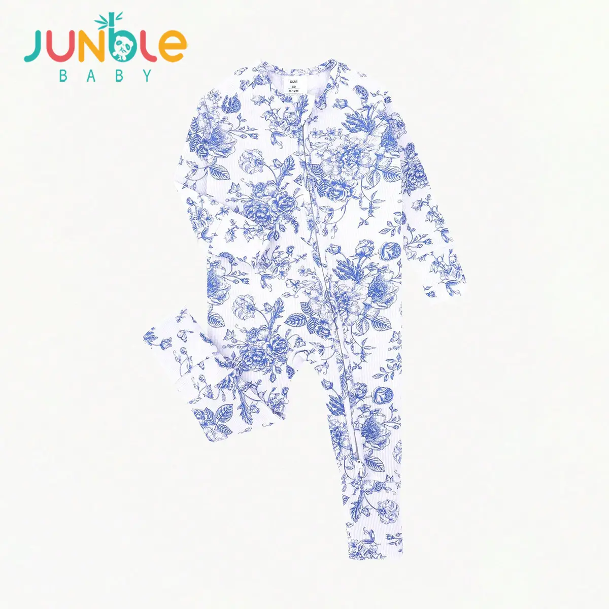 JUNBLEBABY Cute Unisex Bamboo Viscose Baby Romper - Long Sleeve Shirt, 2-Way Zipper, Crew Neck Knit, Blue Floral Print, Ribbed Texture, 0-2 Years Newborn Sleeper Bodysuit (6-9m,9-12m,12-18m)