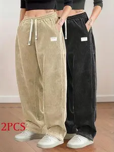 Women’s corduroy wide-leg pants two-pack — high-waisted drawstring design, drapey and stylish, lightweight and breathable without feeling tight; non-stretch, durable casual loungewear long pants, SpringStatements