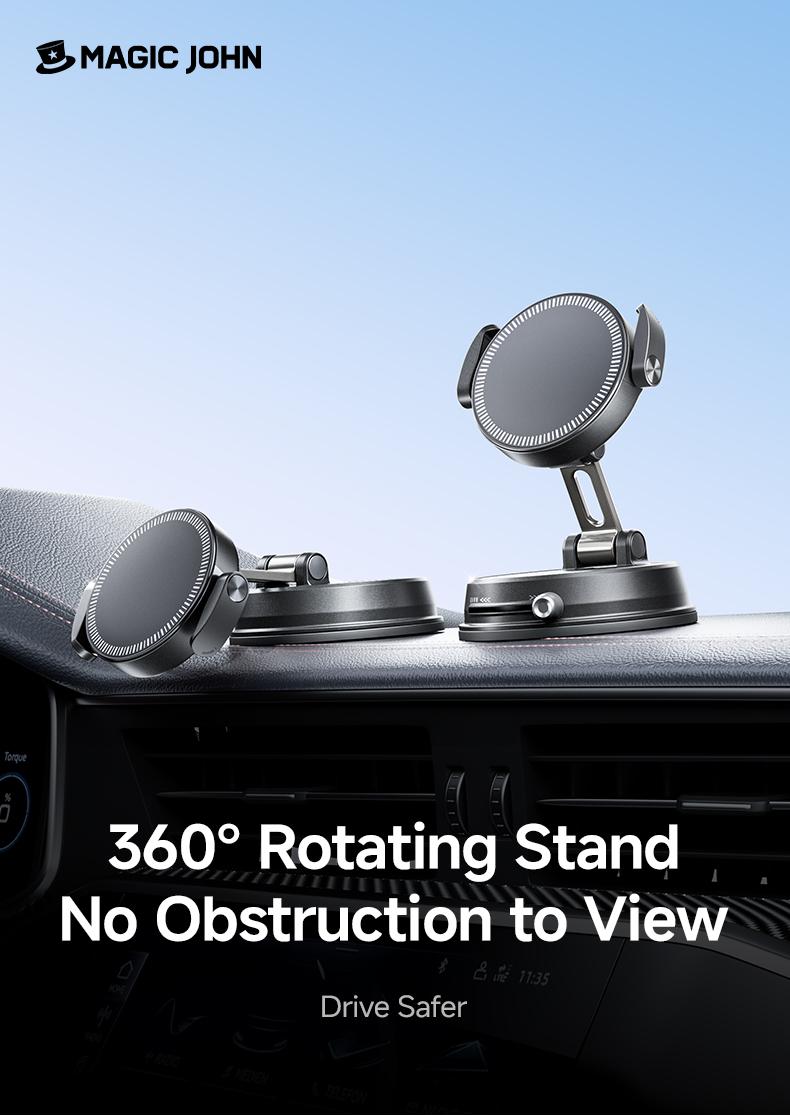 MAGIC JOHN Clip-On Car Phone Holder, Strong Magnetic Grip, Non-Slip Foldable Stand, 360° Adjustable, for Car Navigation & Home Use — Works with or without Magnetic Phones
