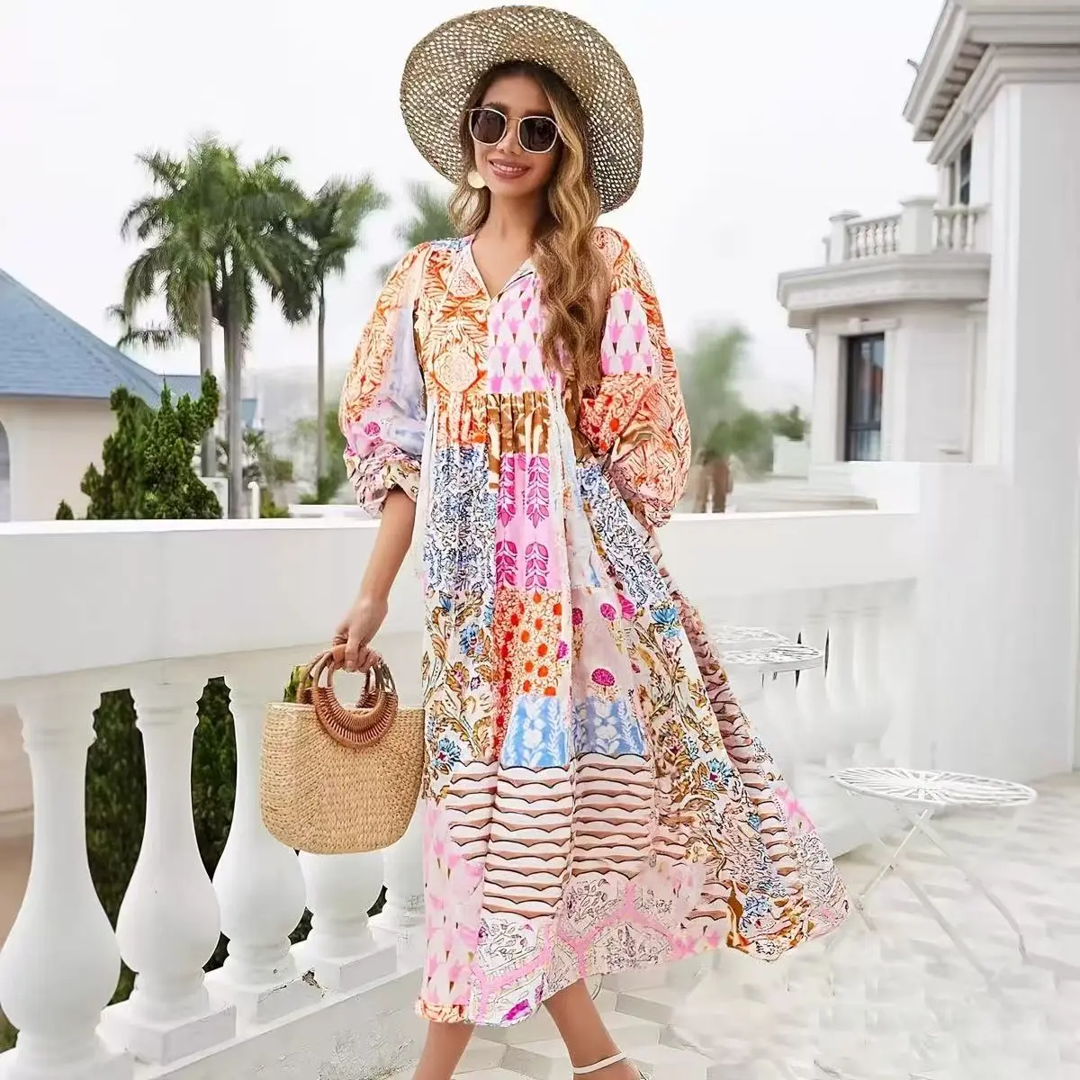 Bohemian Patchwork Maxi Dress V Neck Puff Sleeve Loose Summer Dress with  Unique Patchwork Design and
