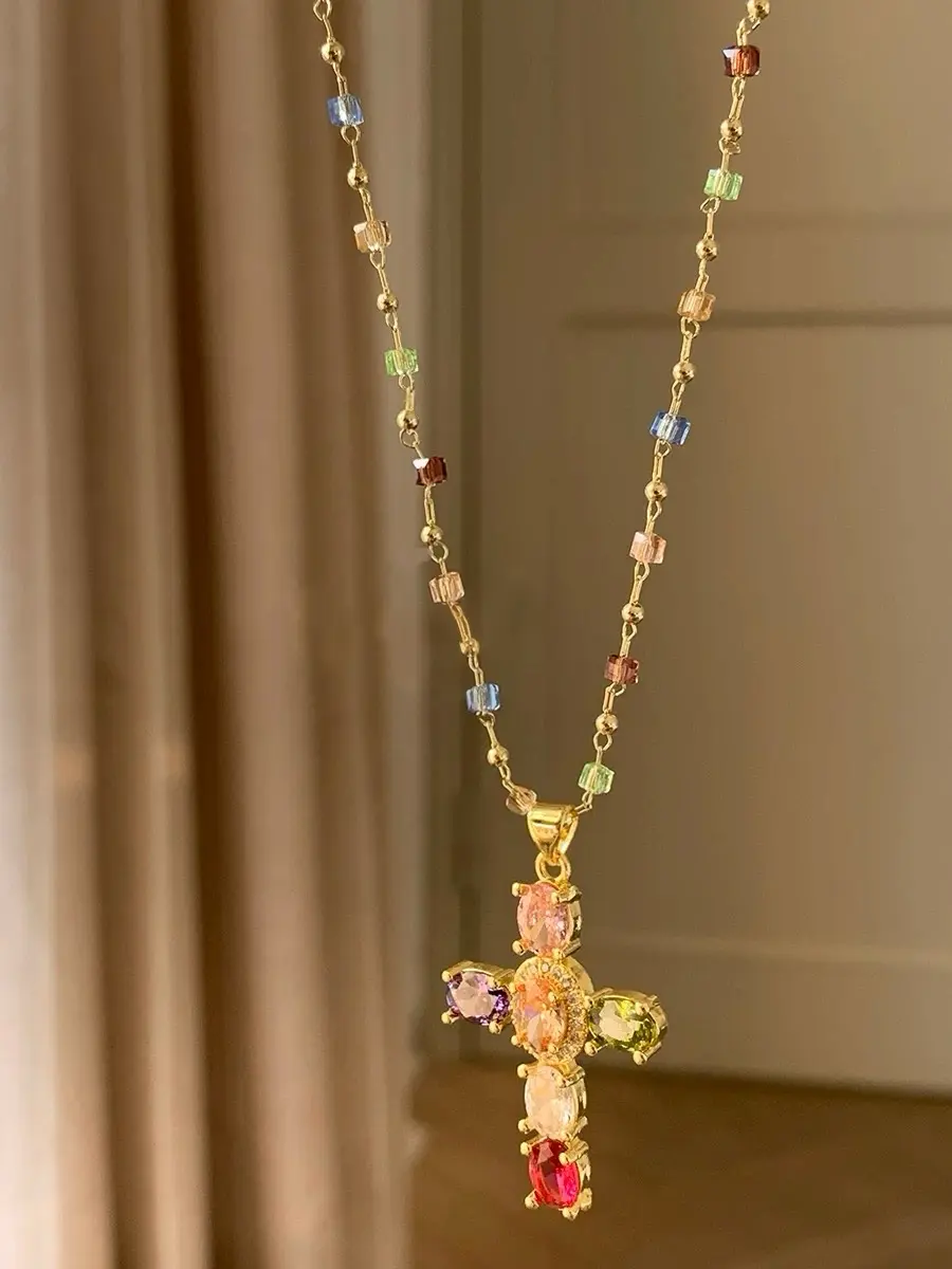 LunaStdla Rainbow Cross Pendant Necklace - Dainty Multicolor Faith Cross Necklace,Vintage Glam & Y2K Vibes for Women Girls,Colorful Sparkle Perfect for Daily Outfits Church & Festivals