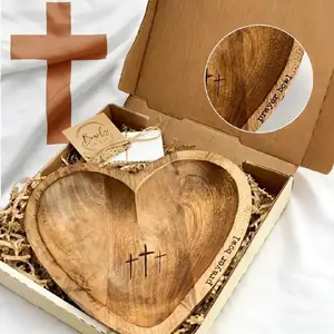 Handcrafted Vintage Prayer Bowl, Wooden Heart Shaped Prayer Bowl with 24 Prayer Cards, Cross & Letter Pattern, Religious Decorations Dough Bowls, Home Decor, Christian Gifts for Women, Church Ornaments, New Year's Day Valentine's Day & Easter Sunday Gifts