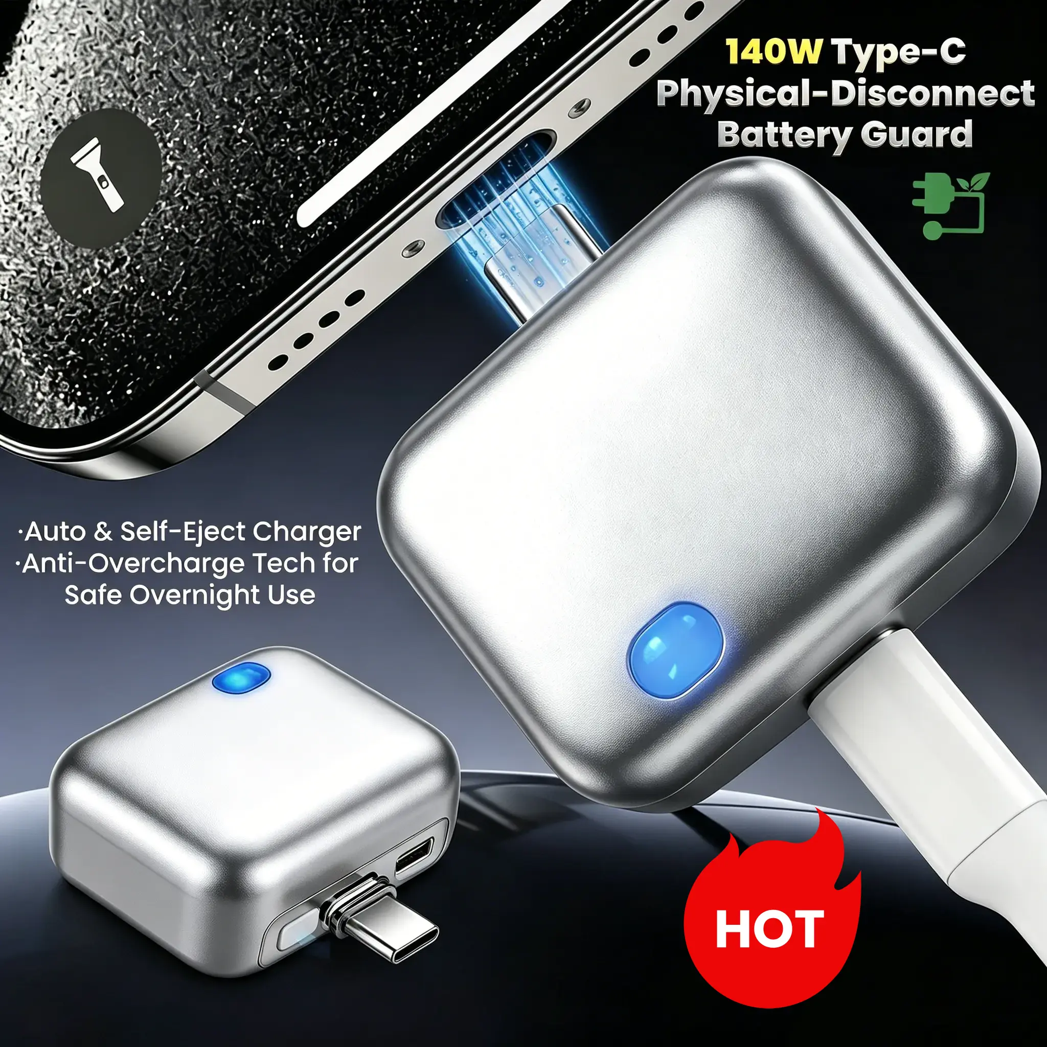 140W USB-C Smart Auto Stop Charger, Fast Charging Adapter with Full Charge Auto Disconnect for Phones, Tablets, Laptops & Gaming Devices
