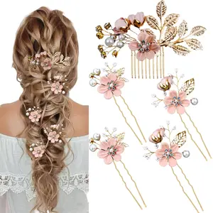 5-piece bridal wedding hair accessory set, alloy/ crystal/pearl cherry blossom style hair clips and combs, pink flower headpiece, suitable for brides, bridesmaids and women's daily party looks,Fashion Accessories