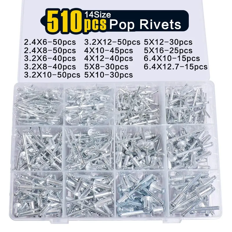 510pcs Pop Rivets Assortment Kit G,14 SAE Sizes Aluminum Rivets (3/32" 1/8" 5/32" 3/16" 1/4"), Assorted Blind Rivets Fastening