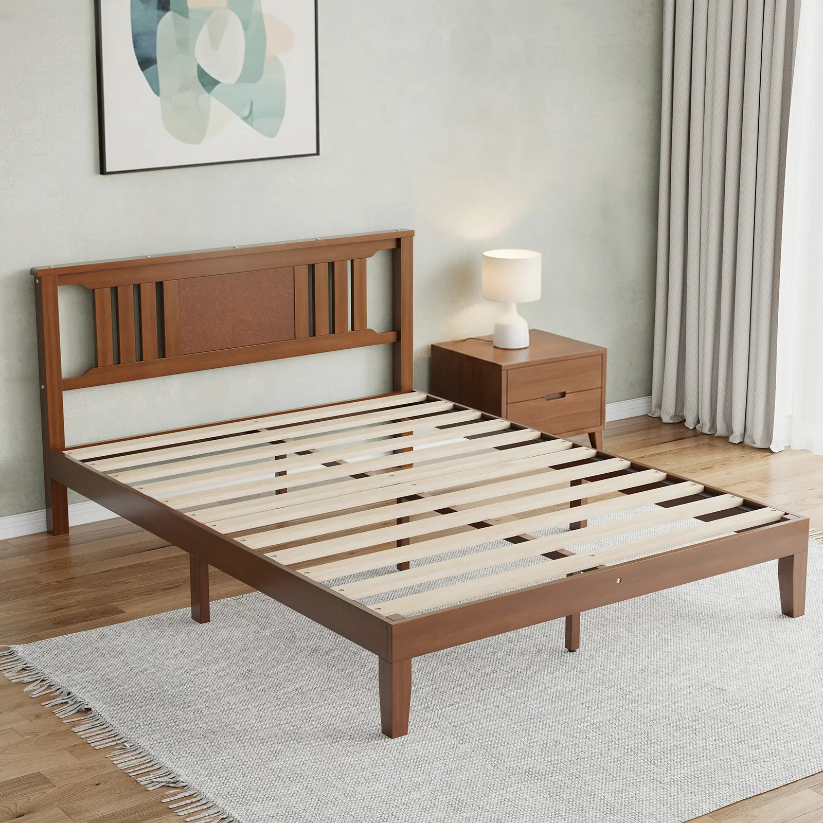 Solid Wood Platform Bed Frame with Mission-Style Headboard & Cork Pinboard, 800LBS Heavy Duty Support, No Box Spring Needed, 8" Under-Bed Storage Clearance, Easy Assembly