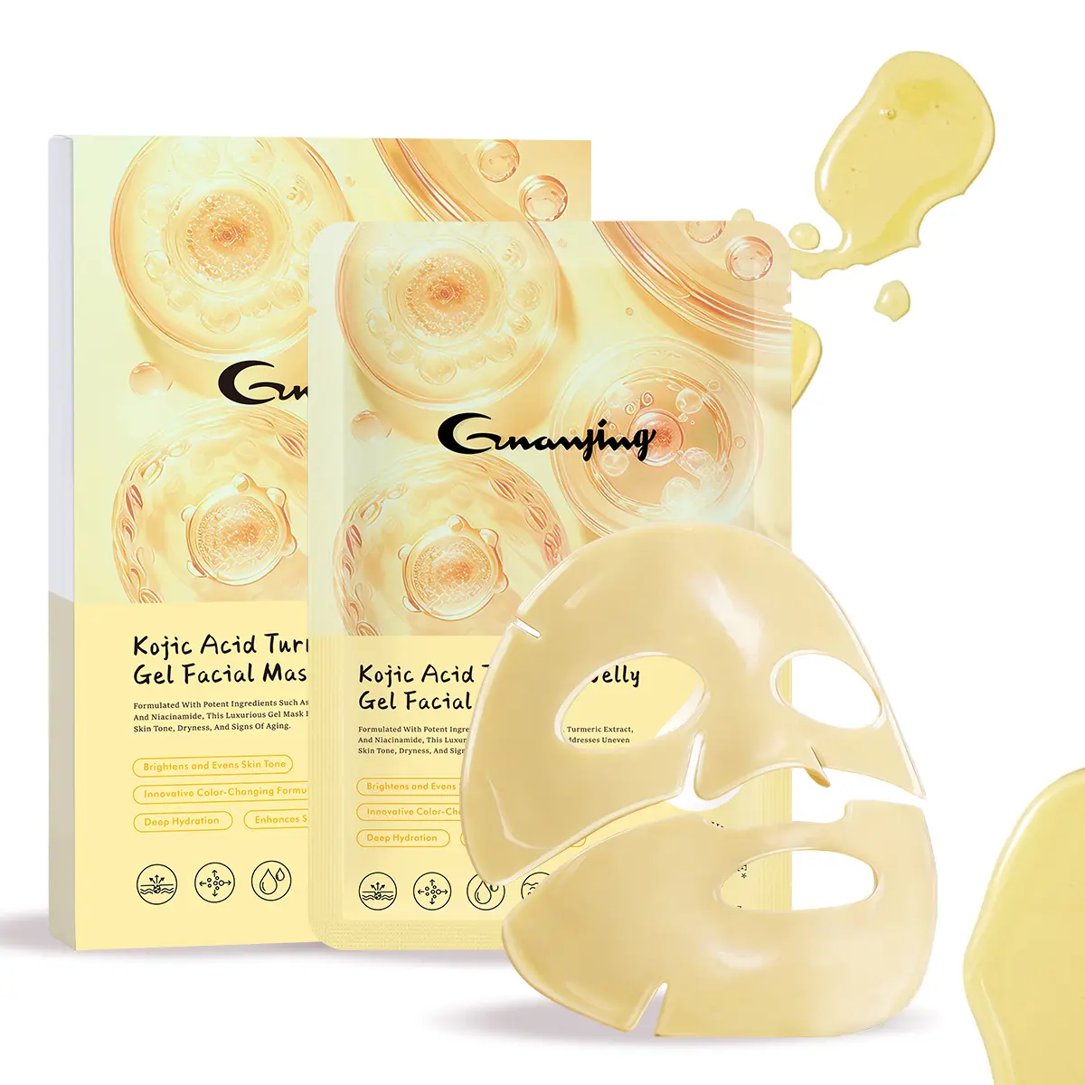 Guanjing Kojic Acid Turmeric Golden Jelly Glow Mask 4 Pairs Hydrating Moisturizing Natural Turmeric Extract & Hydrolyzed Collagen for Dry Skin
