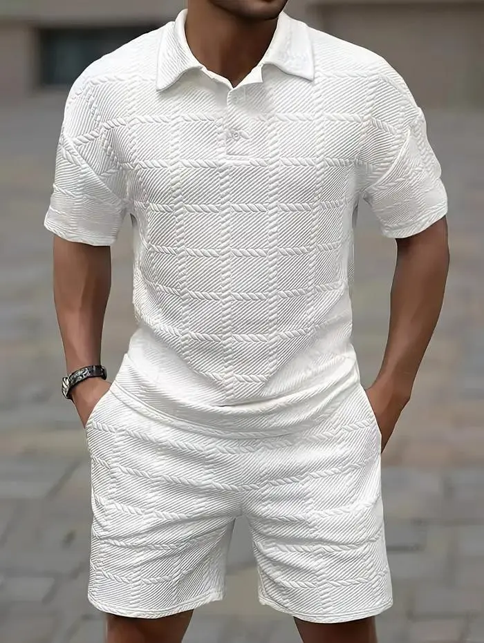 Z ZAFUL SPORTS Men's Checkered Jacquard 2-Piece Set, Casual Short Sleeve Polo Shirt and Summer Stretch Drawstring Shorts, Clothes, Menswear, Top, Mid, Shortsleeve, Grid, Gingham, T-Shirt, Fabric, Checked, 2 Pcs Set, Polyester, Men's 2 Piece Sets, Button