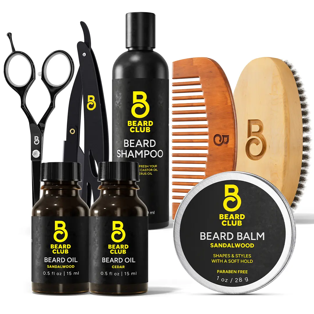 Beard Grooming Kit with Wood Brush, Wood Comb, Sandalwood Oil, Cedar Oil, Shampoo, Straight Edge Razor, Beard Trimming Scissors, Sandalwood Balm