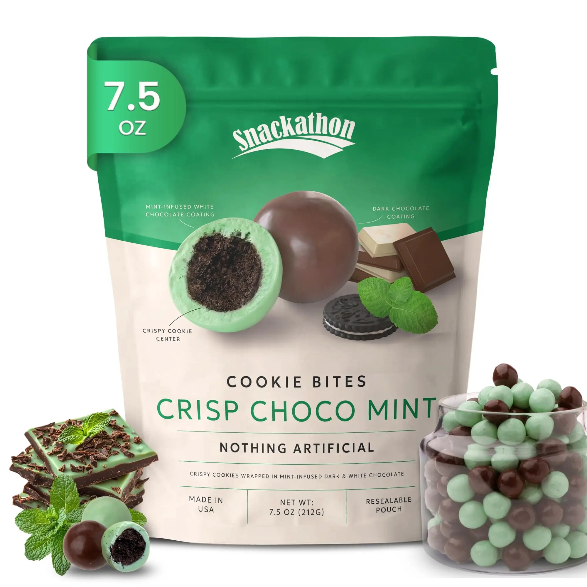 Snackathon Crisp Choco Mint Cookie Bites, Mint White and Dark Chocolate, Made in the USA