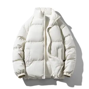 Winter Casual Thick Jacket - White Puffer Coat with Fleece Lining & Zipper Closure for Men
