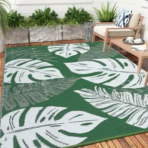 Leaf Print Outdoor Rug Double-Sided Reversible Plastic Straw Woven Rug Foldable Garden Decoration Rug Large Size Washable Outdoor Rug for Terrace Beach RV Picnic Balcony Patio