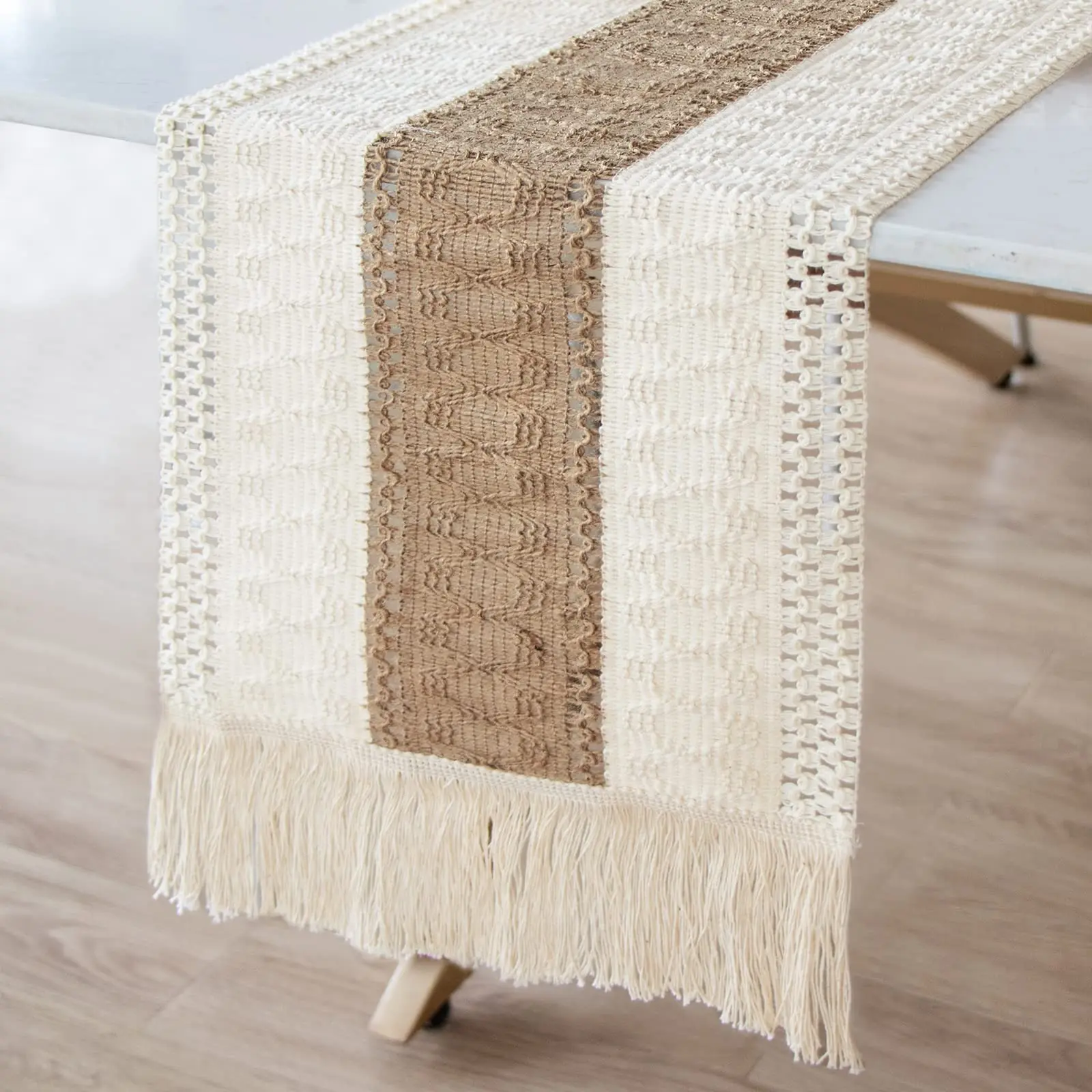Bohemian-Style Tablecloth, Thanksgiving Home Decor, Fringe Design, 12x72-inch Beige & Brown Two-Tone Woven Tablecloth, Suitable for Dining Rooms & Bedrooms, Baby Showers & Bridal Parties, Christmas & New Year Table Decorations