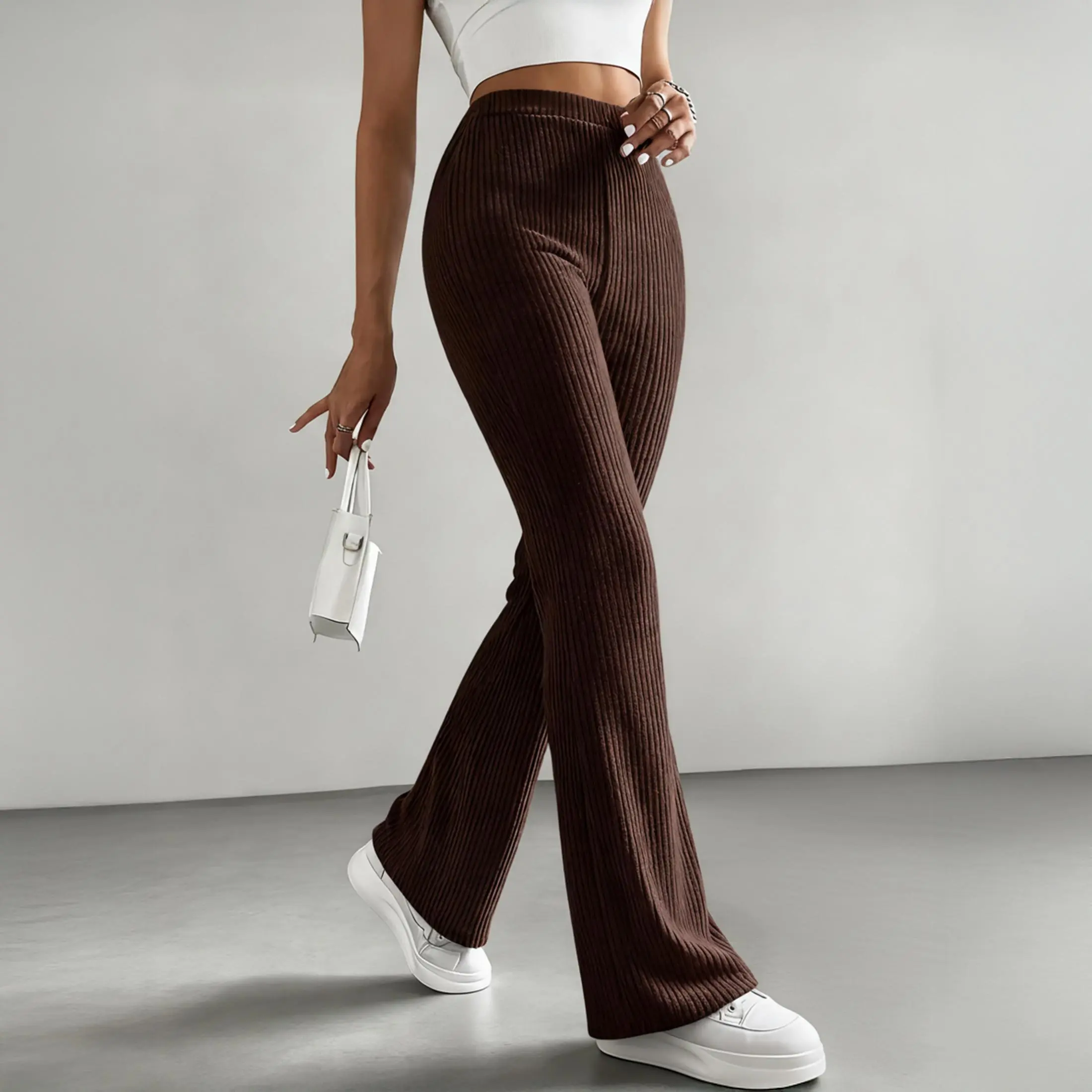 Women's High Waisted Ribbed Knit Flare Pants Casual Stretch Bell Bottom Trousers Springfresh Causal