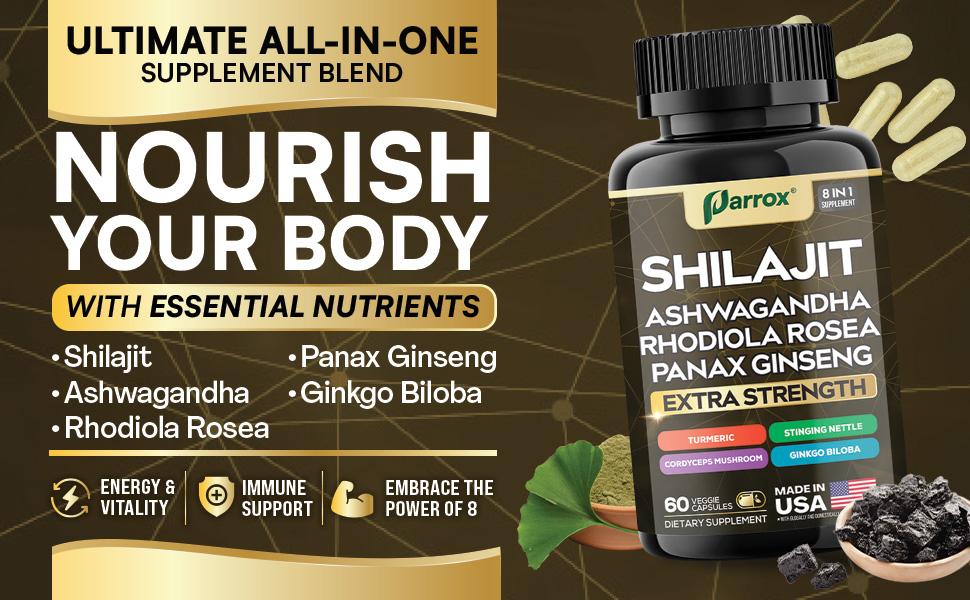 PARROX Shilajit Supplement - All-in-One Multivitamin Energy Booster with Ashwagandha & 7+ Extra Strength Ingredients - 60 Capsules - MADE IN USA