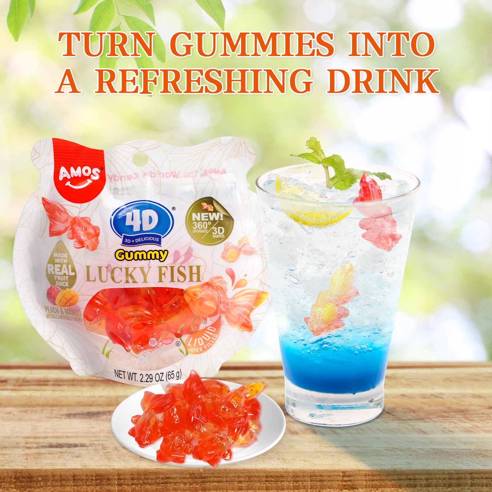 Amos 4D Lucky Fish Gummy – Real Juice Filled, 3D Shaped Goldfish Candy for Fun & Drinks(Peach & Mango Flavor, 65g) Perfect Sweet gift Snack Fruit